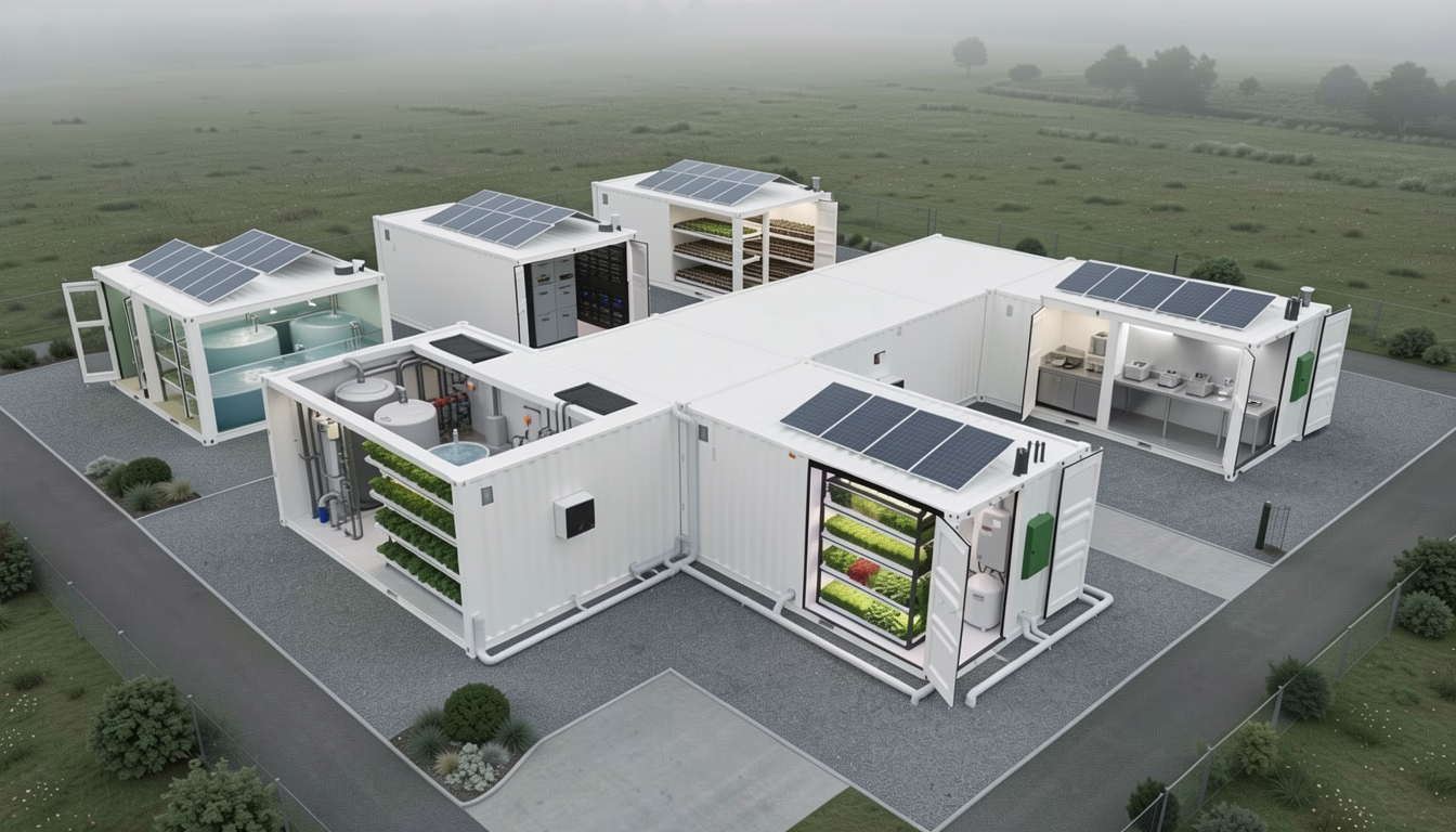 Koncepcyjna farma modułowa z kontenerami uprawowymi, technicznymi, energetycznymi i strefą pakowania